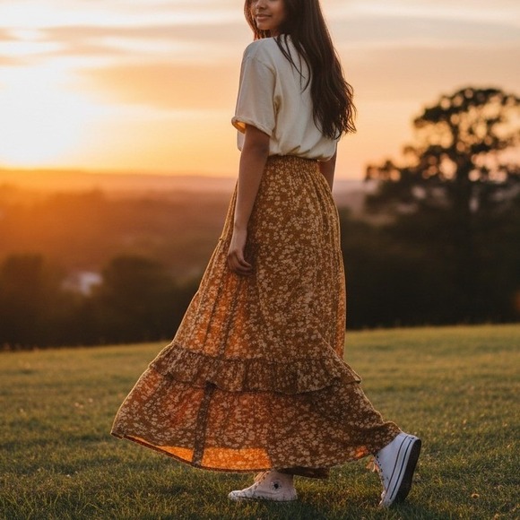 SHEIN Dresses & Skirts - Women's Floral‎ Tiered Maxi Skirt - Yellow W/White Flowers